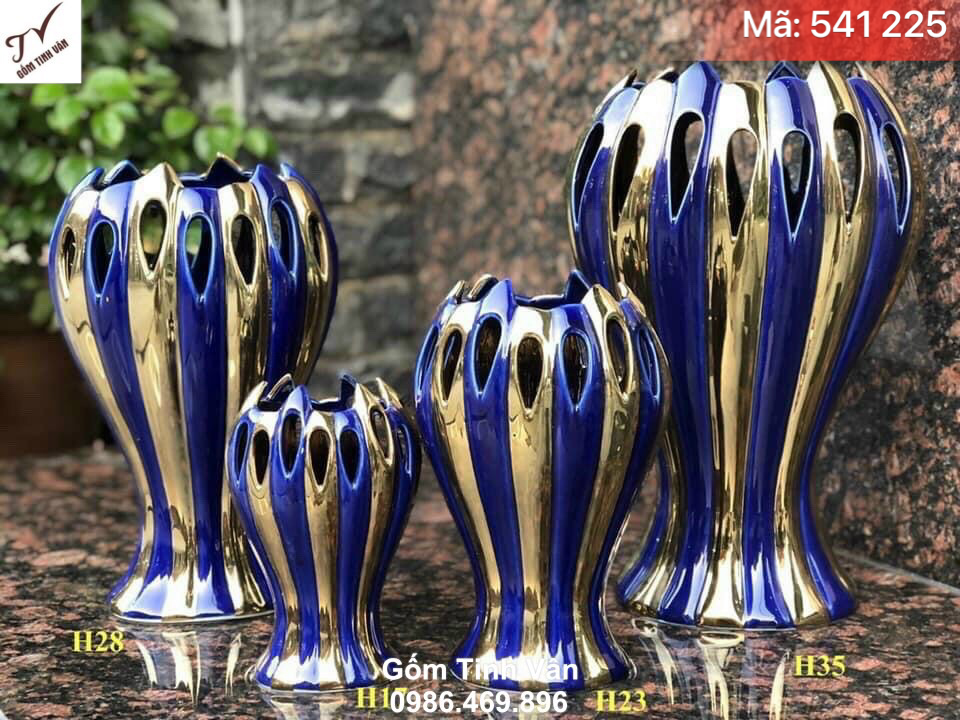 Bộ 4 bình bông bàn tay phật xanh lam vẽ vàng 24k, mã 541225, cao 17-23-28-35 cm, cắm hoa trang trí nội thất, lọ hoa gốm bát tràng tinh vân cao cấp