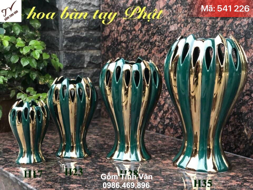 Bộ 4 bình bông bàn tay phật xanh lam vẽ vàng 24k, mã 541225, cao 17-23-28-35 cm, cắm hoa trang trí nội thất, lọ hoa gốm bát tràng tinh vân cao cấp
