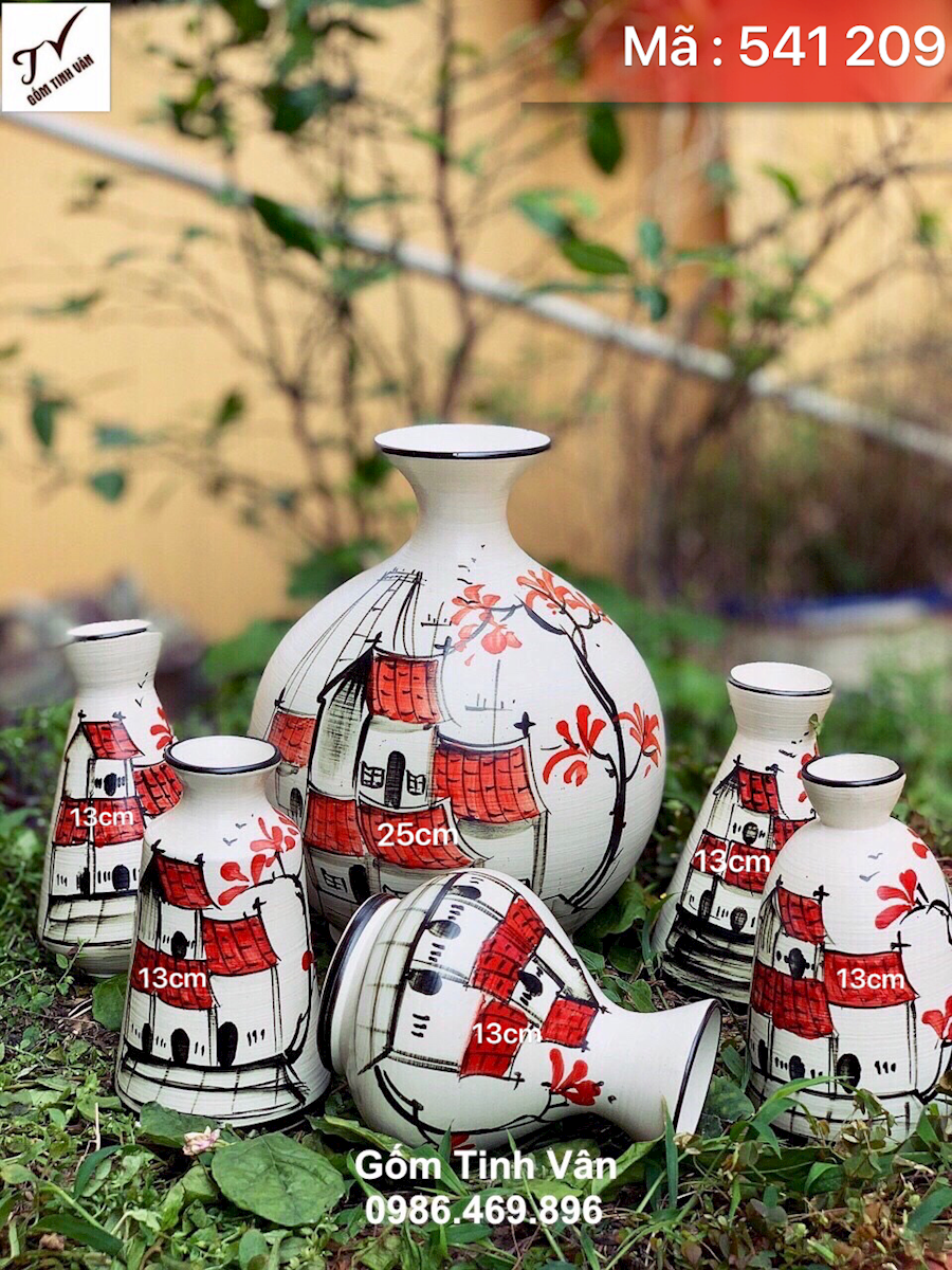 Bộ 6 bình hoa nghệ thuật, mã 541209, vẽ tay cảnh phố cổ hà nội, dáng bình hút tài lộc cao 25 cm và bình mini cao 13 cm, gốm bát tràng tinh vân