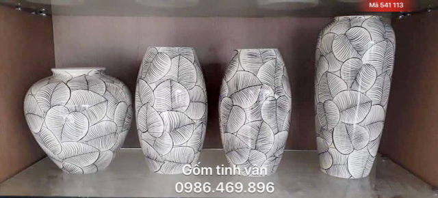 Bộ bình gốm nghệ thuật, độc đáo, đẹp nhất, mã 541113,men trắng vẽ lá, gốm bát tràng, tinh vân