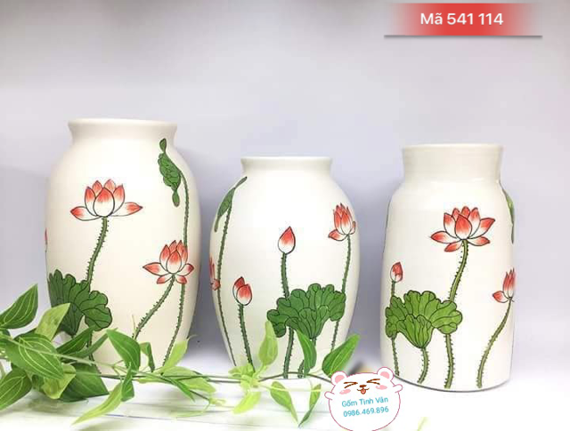 Bộ bình gốm nghệ thuật, độc đáo, đẹp nhất, mã 541114,men trắng vẽ sen, gốm bát tràng, tinh vân