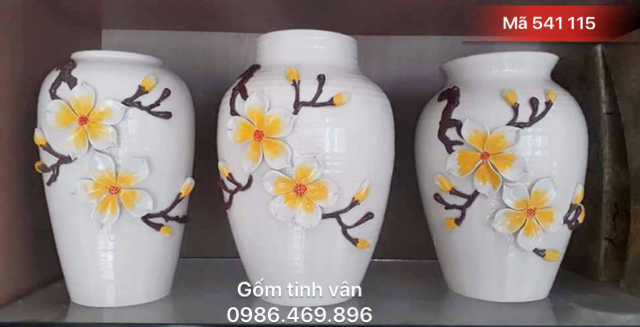 Bộ bình gốm nghệ thuật, độc đáo, đẹp nhất, mã 541115,men trắng vẽ hoa, gốm bát tràng, tinh vân