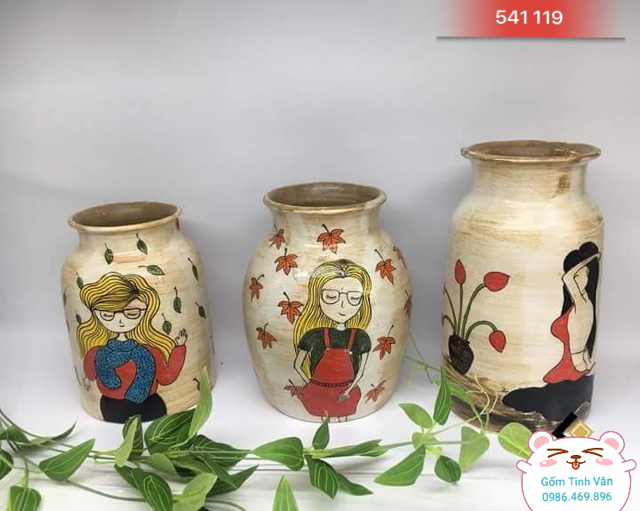 Bộ bình gốm nghệ thuật, độc đáo, đẹp nhất, mã 541119,men cổ vẽ cô gái, gốm bát tràng, tinh vân
