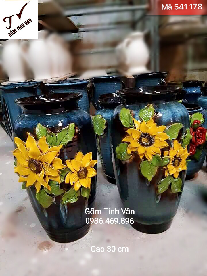 Cặp 2 bình bông men hoả biến, mã 541178, đắp nổi hoa hướng dương vàng, cao 30 cm, gốm sứ bát tràng, tinh vân