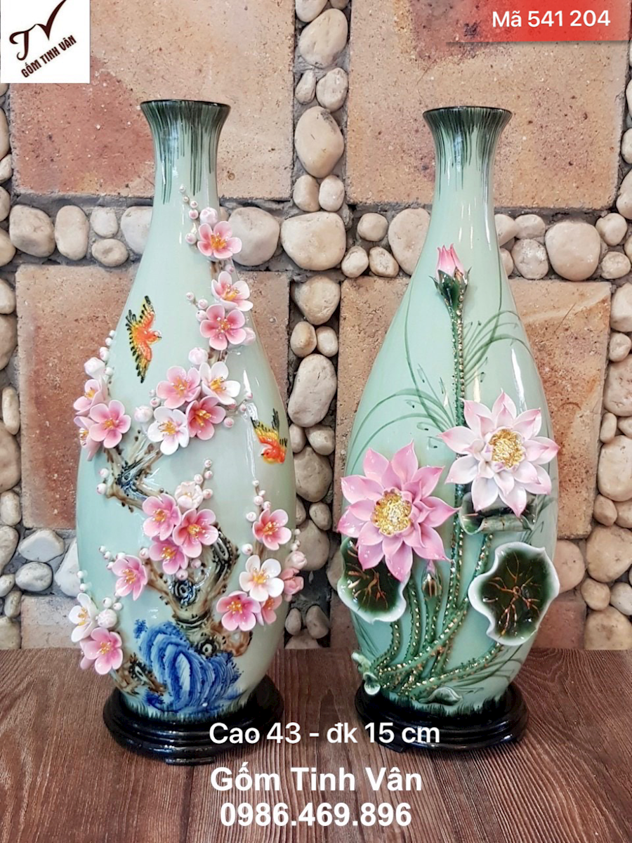 Cặp bình tỳ bà hút lộc, mã 541204, hoa sen và hoa đào đắp nổi 3D sang trọng, tinh tế, men xanh ngọc, cao 43 x 15 cm, trang trí nội thất, gốm sứ bát tràng tinh vân cao cấp