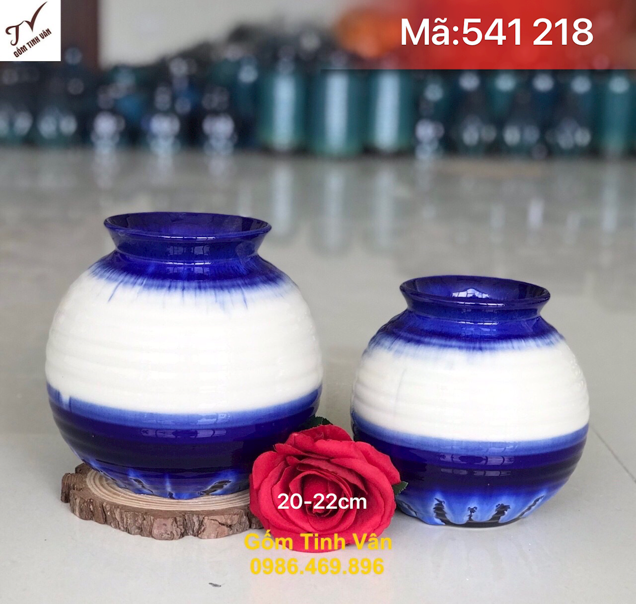 Cặp đôi bình bông nghệ thuật vò tròn thấp, mã 541218, men trắng xanh hoả biến, bình dáng bầu tròn, cao 20-22 cm, lọ hoa trang trí gốm tinh vân