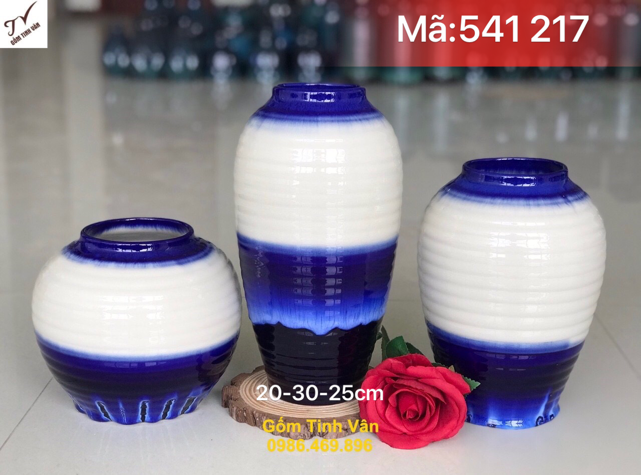Bộ 3 bình bông nghệ thuật, mã 541217,men trắng xanh hoả biến, bình dáng trụ tròn, cao 20-30-25 cm, lọ hoa trang trí gốm tinh vân