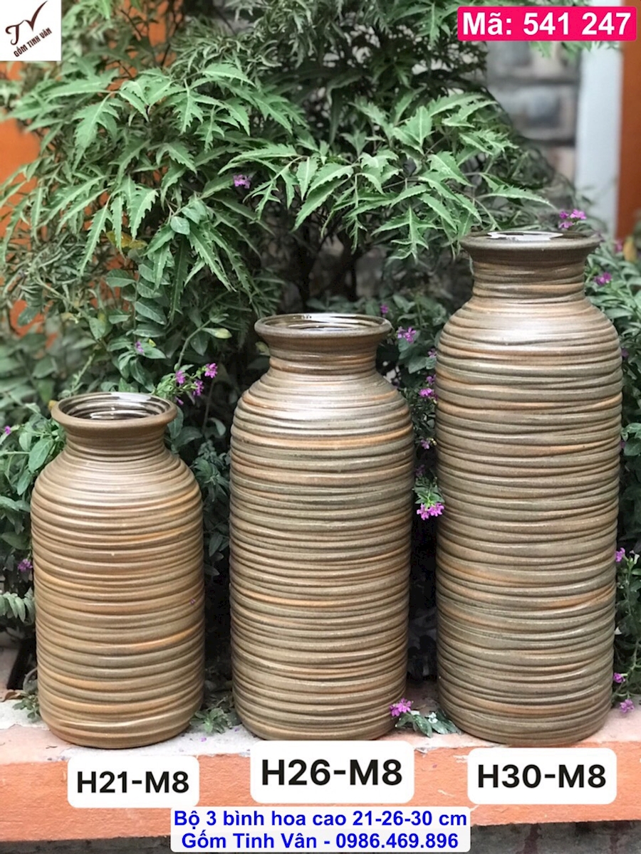 4 Mẫu - Bộ 3 lọ hoa, mã 541247, bình gốm nghệ thuật, vuốt tay, cao 21-26-30 cm, gốm bát tràng, tinh vân