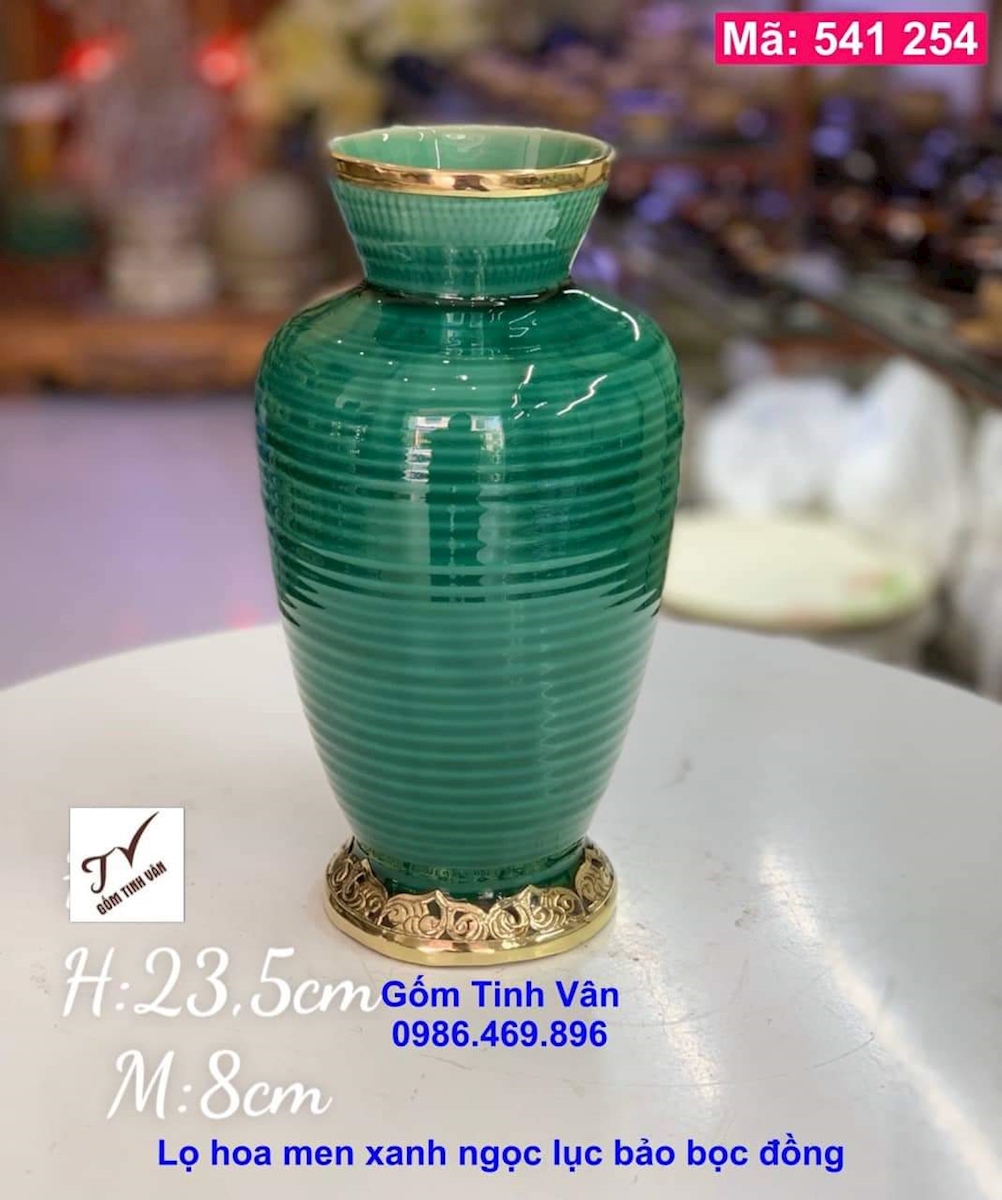 Lọ hoa, bình bông, mã 541254, men xanh ngọc lục bảo, cao 23.5 cm, bọc viền đồng, gốm bát tràng, tinh vân
