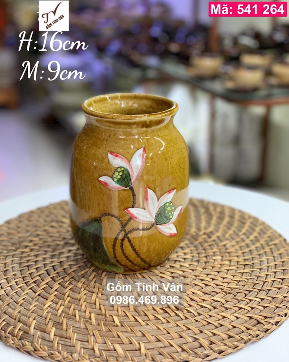 Lọ hoa, bình bông, mã 541264, men gốm nâu vàng, cao 16 cm, gốm bát tràng, tinh vân