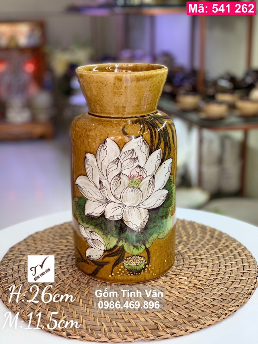Lọ hoa, bình bông, miệng loe, mã 541262, men gốm nâu vàng, cao 26 cm, hoa sen trắng, gốm bát tràng, tinh vân