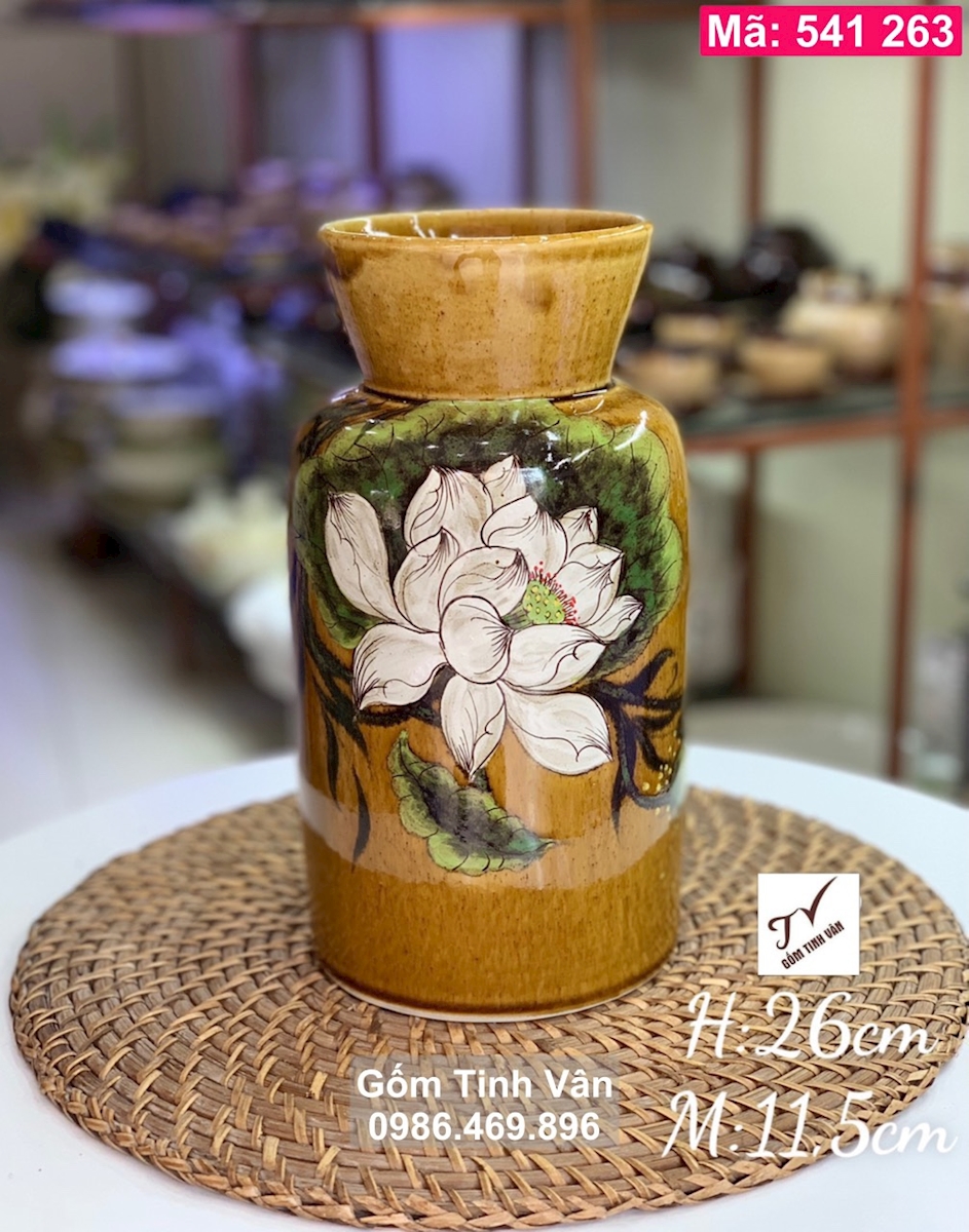 Lọ hoa, bình bông, miệng loe, mã 541263, men gốm nâu vàng, cao 26 cm, hoa sen trắng, gốm bát tràng, tinh vân