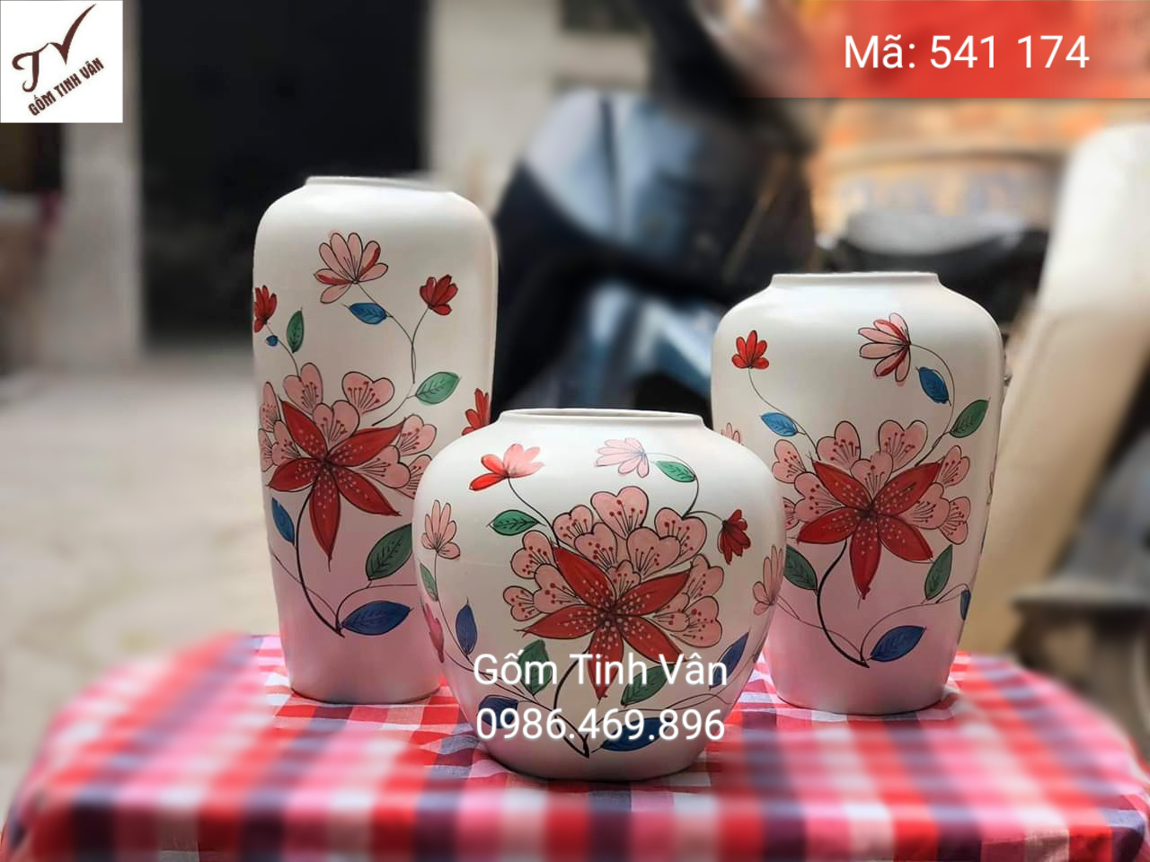 Set 3 bình bông nghệ thuật, mã 541174, hoa văn vẽ tay siêu đẹp, dễ thương, cao 23-27-30 cm, gốm sứ bát tràng, tinh vân