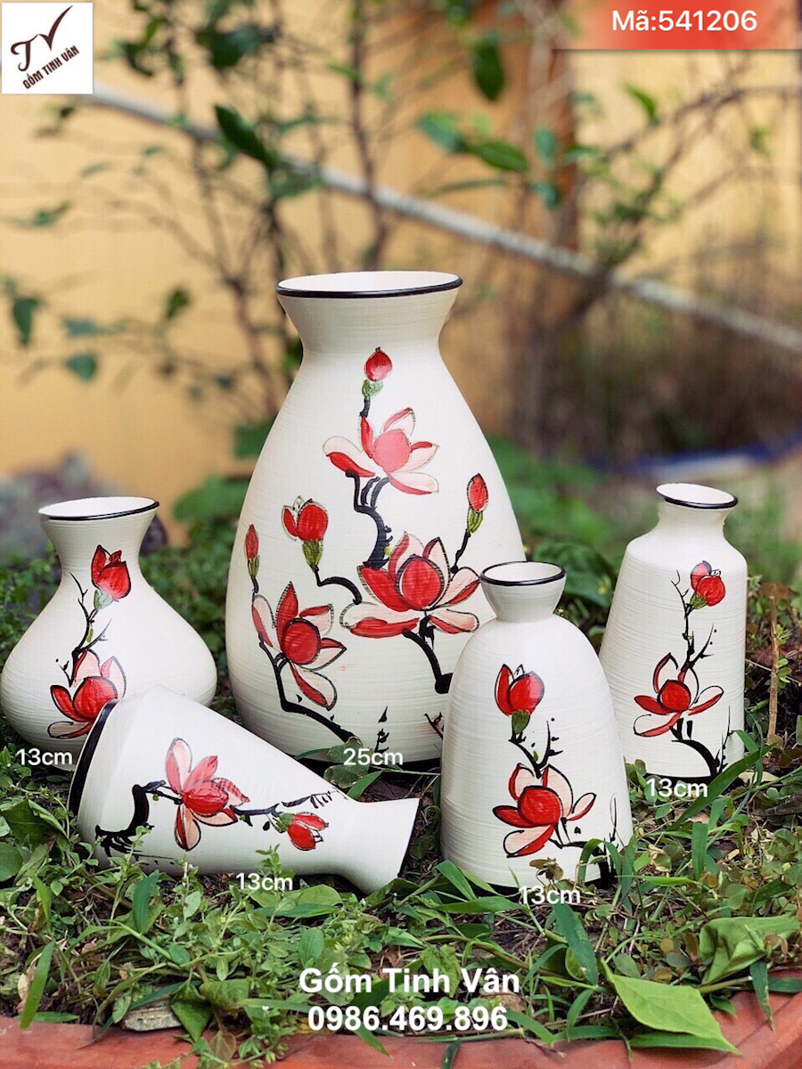 Set 5 bình bông nghệ thuật, mã 541206, hoa sen đỏ vẽ tay mềm mại, lọ hoa trang trí nội thất đẹp, cao 13-25 cm, gốm bát tràng tinh vân