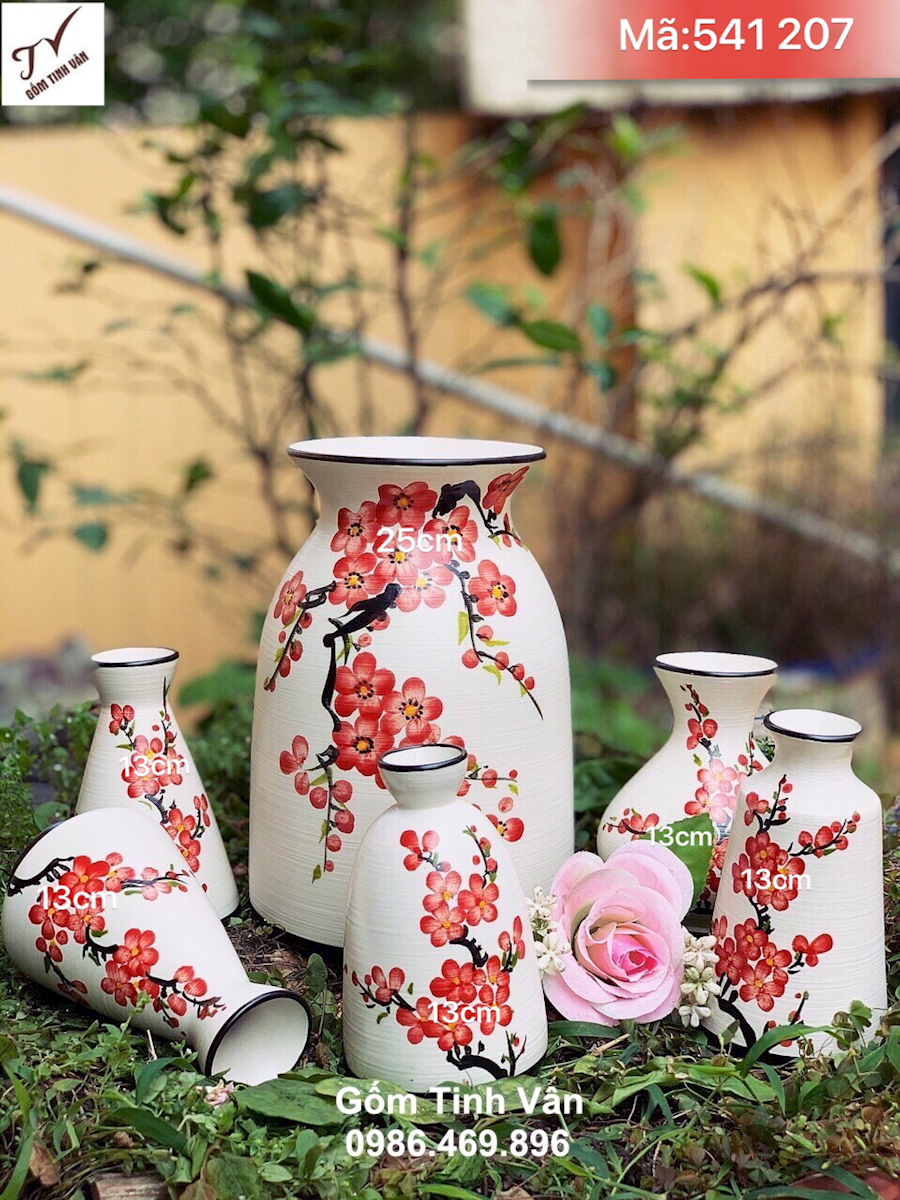Set 6 bình cắm hoa nghệ thuật, mã 541207, vẽ tay hoa đào đỏ, cao 13-25 cm, bình trang trí trưng bày nội thất, lọ hoa gốm bát tràng tinh vân