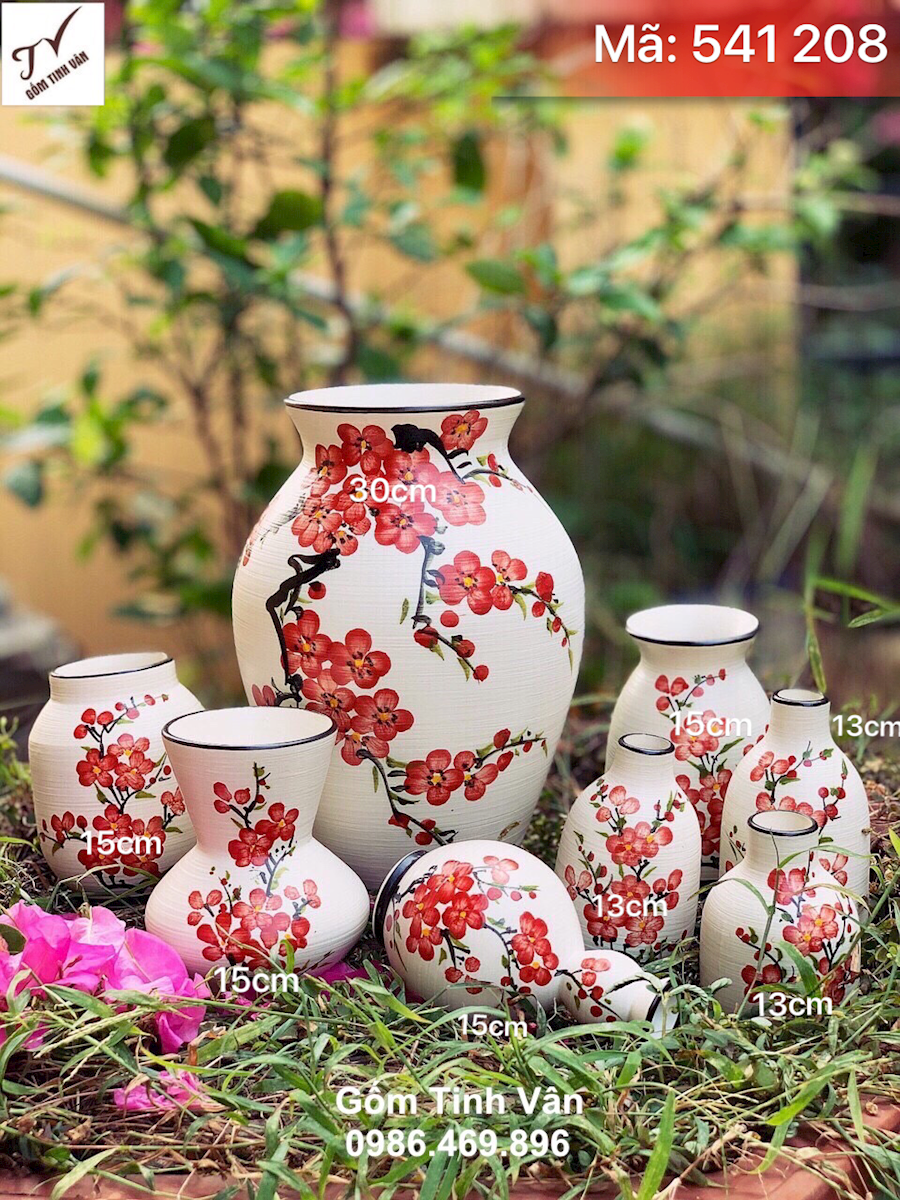Set 8 bình cắm hoa nghệ thuật, mã 541208, vẽ tay hoa đào đỏ, cao 13-15-30 cm, bình trang trí trưng bày nội thất, lọ hoa gốm bát tràng tinh vân