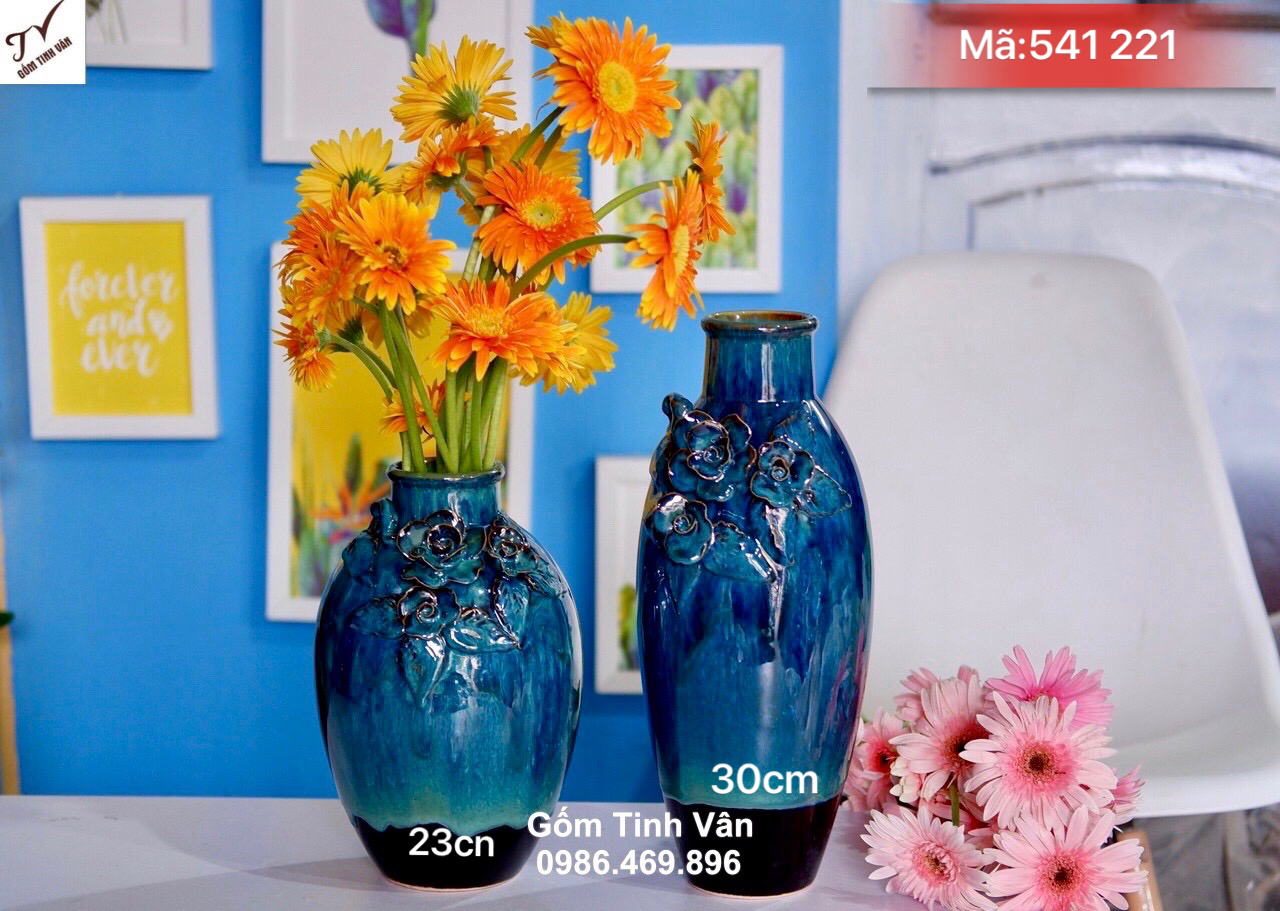 Cặp đôi bình bông men xanh hoả biến dáng cổ nhỏ, mã 541221, hoa văn đắp nổi 3D, cao 23-30 cm, lọ cắm hoa đẹp gốm bát tràng