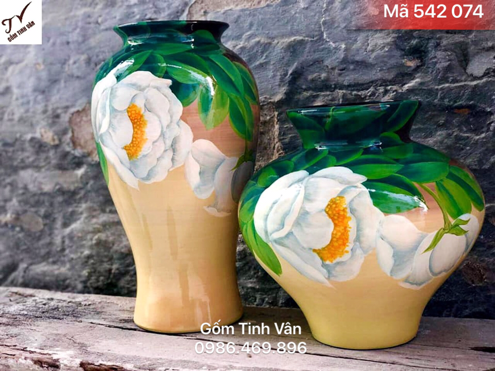 2 Bình gốm sơn mài, mã 542074, vẽ hoa sen trắng 3D, cao 23-30 cm, bình trưng bày, cắm bông sang trọng, gốm sứ bát tràng, tinh vân