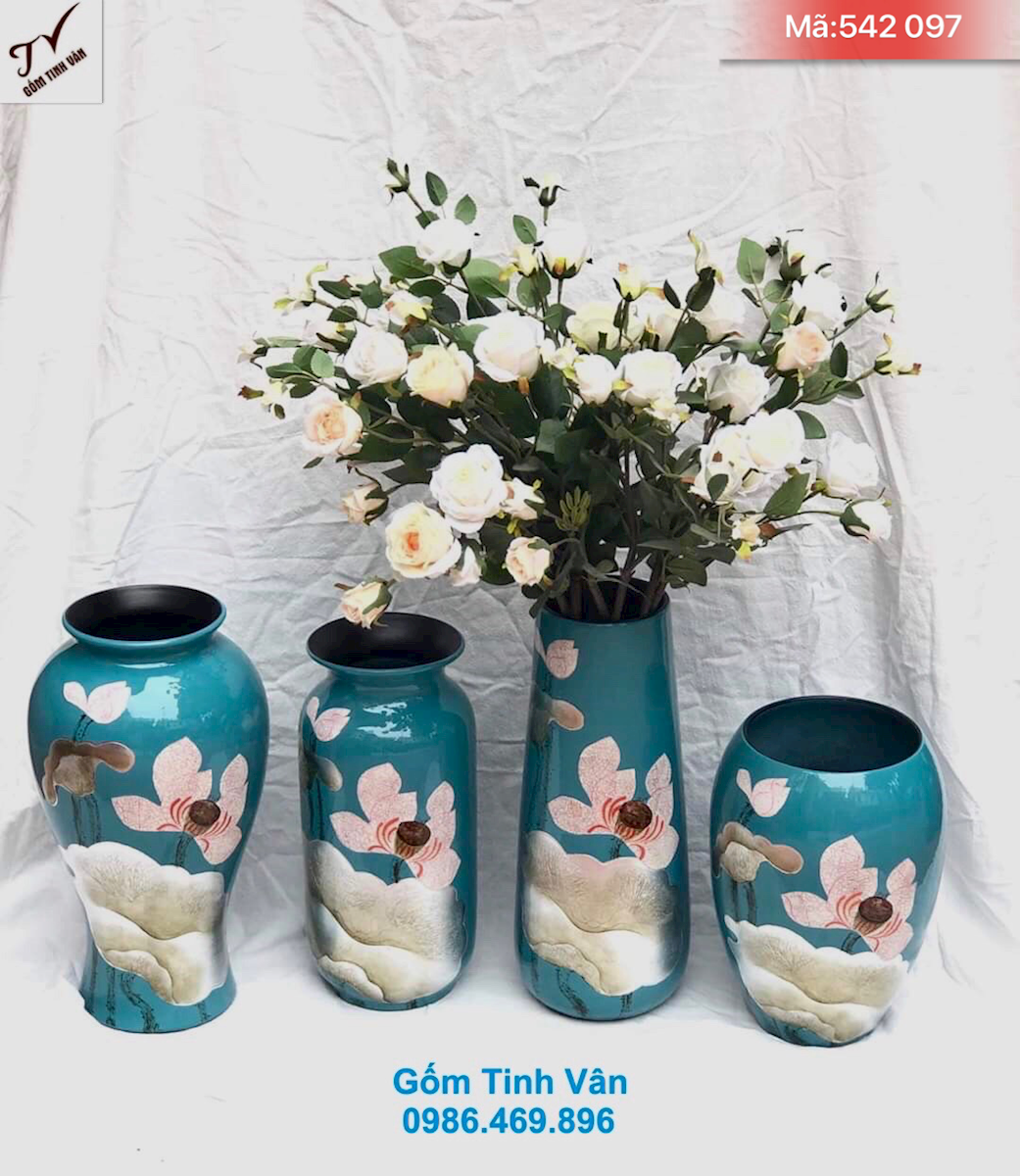 Bộ 4 bình gốm sơn mài, mã 542097, màu xanh dương, khảm hoa sen bạc, trưng bông, trang trí nội thất, bayd phòng khách, cao 25-30-35 cm, lọ hoa sơn mài cốt gốm bát tràng
