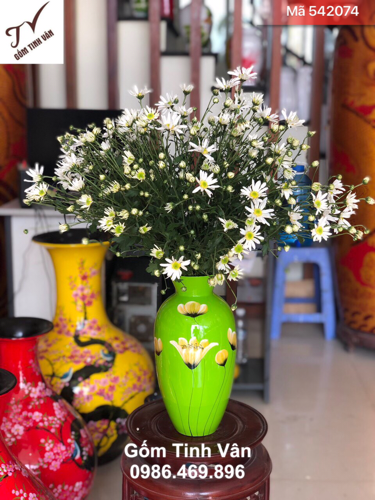 Bình bông sơn mài, mã 542074, cao 30 cm, xanh cốm hoa vàng, lọ hoa sơn mài cốt gốm, trang trí, in logo quà tặng, gốm bát tràng tinh vân