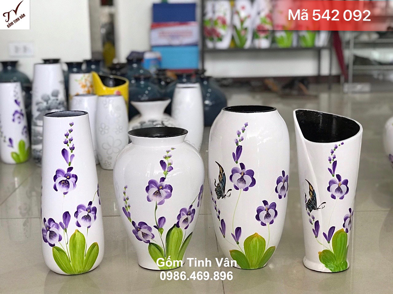 Bộ 4 bình vẽ hoa tím, mã 542092, gốm sứ sơn mài nghệ thuật, cắm hoa khô, cao 25-28-30cm, gốm tinh vân