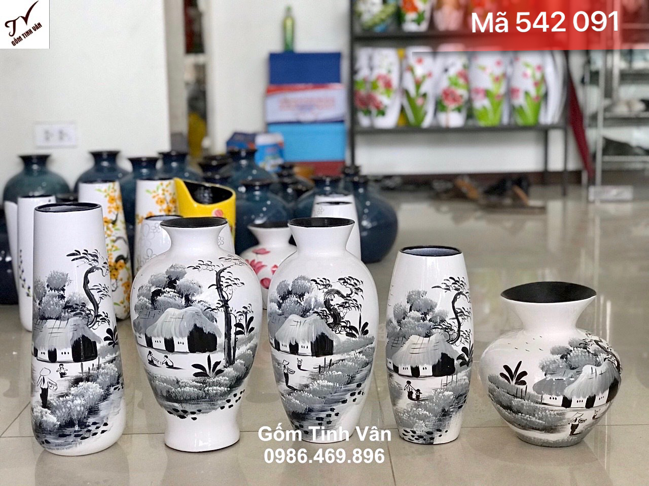 Bộ 5 bình hoa vẽ cảnh làng quê Việt Nam đen trắng, mã 542091, gốm sứ sơn mài nghệ thuật, cắm hoa khô, cao 25-28-30cm, gốm tinh vân