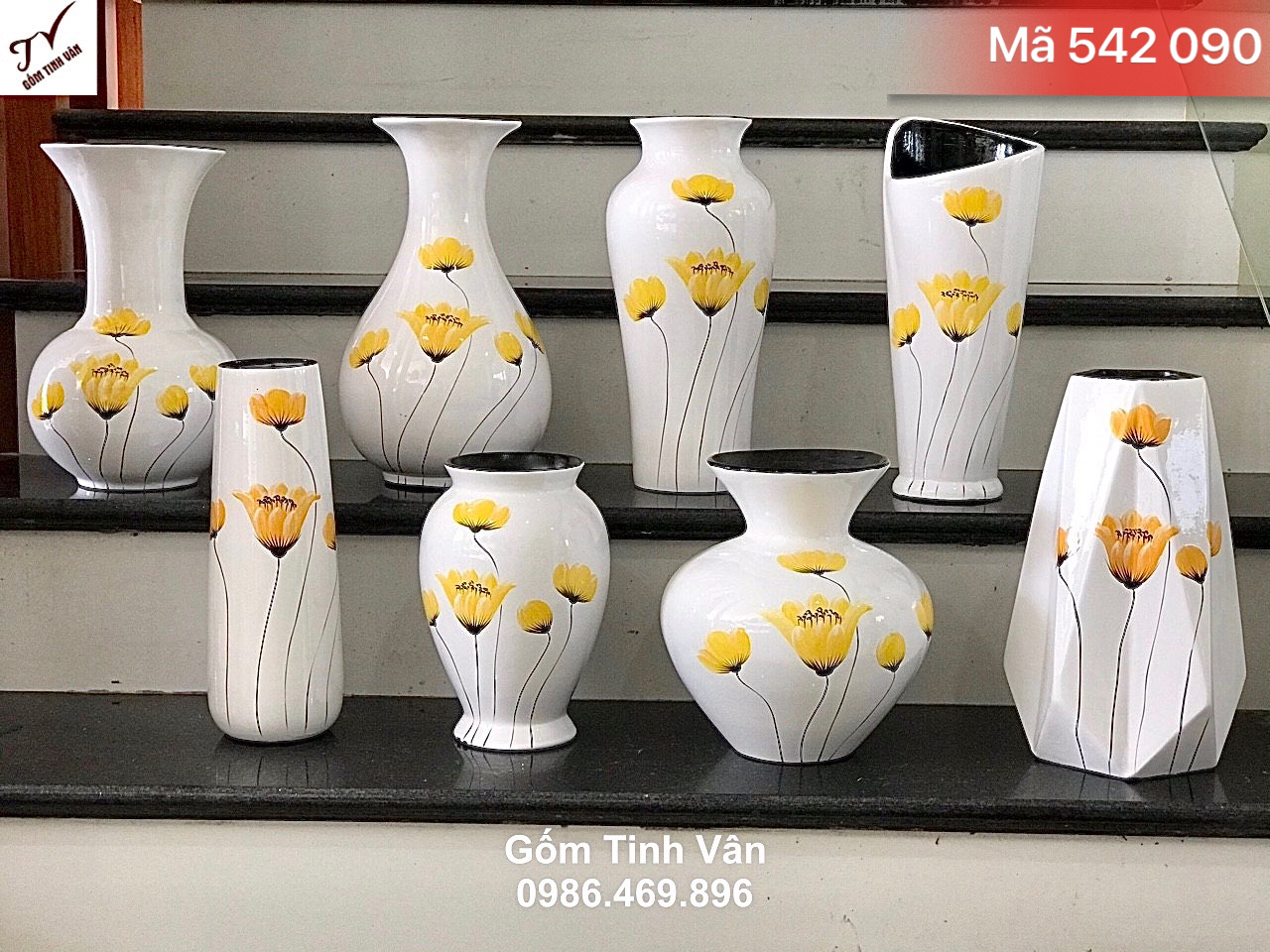 Bộ 8 bình vẽ hoa tulip vàng, mã 542090, gốm sứ sơn mài nghệ thuật, cắm hoa khô, cao 25-28-30cm, gốm tinh vân