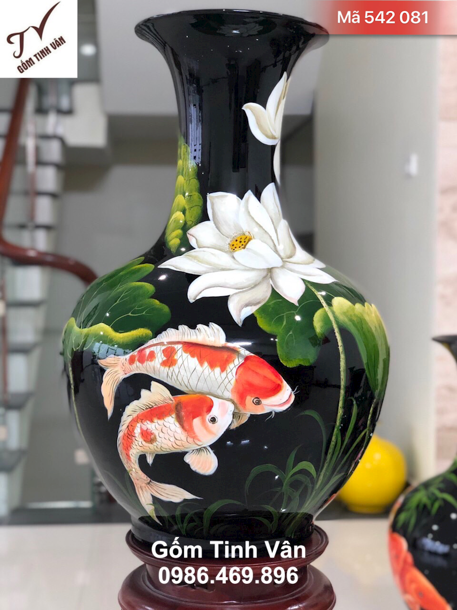 Lọ dáng tỏi cao 55 cm đk 30 cm,mã 542081, sơn mài cốt gốm, màu đen, vẽ cá chép hoa sen, gốm sứ bát tràng tinh vân cao cấp