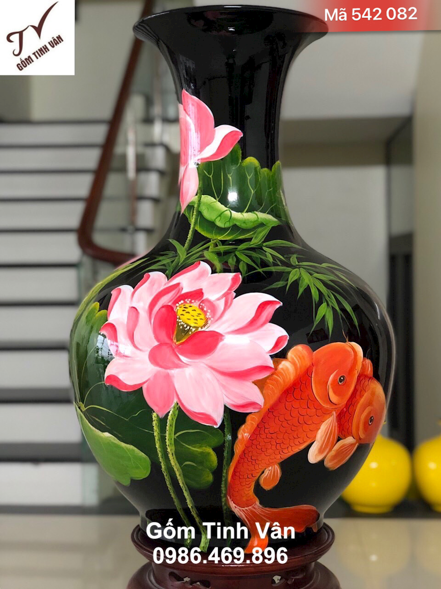 Lọ dáng tỏi cao 55 cm đk 30 cm,mã 542082, sơn mài cốt gốm, màu đen, vẽ cá chép hoa sen, gốm sứ bát tràng tinh vân cao cấp