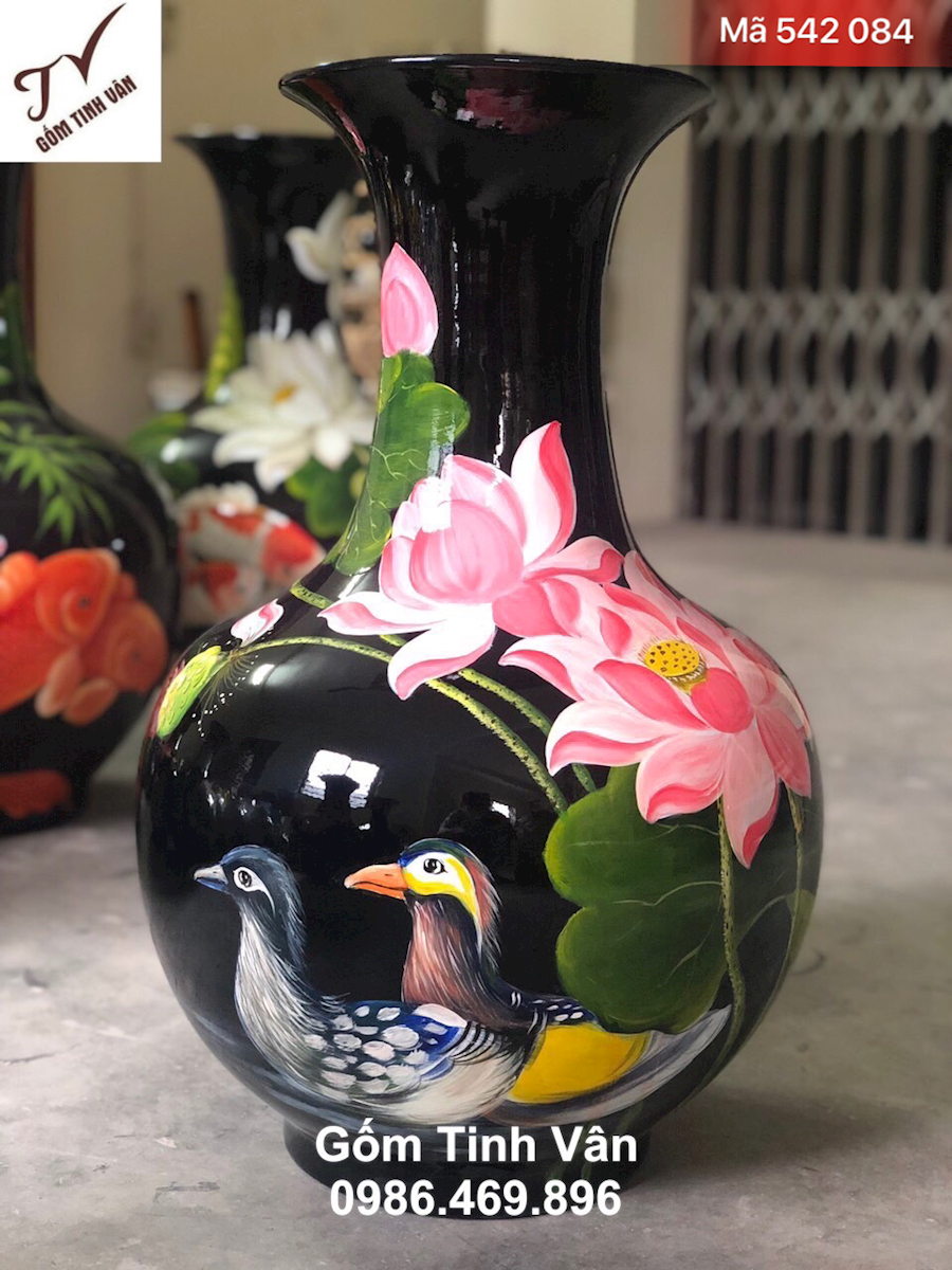 Lọ dáng tỏi cao 55 cm đk 30 cm,mã 542084, sơn mài cốt gốm, màu đen, vẽ chim hoa sen, gốm sứ bát tràng tinh vân cao cấp