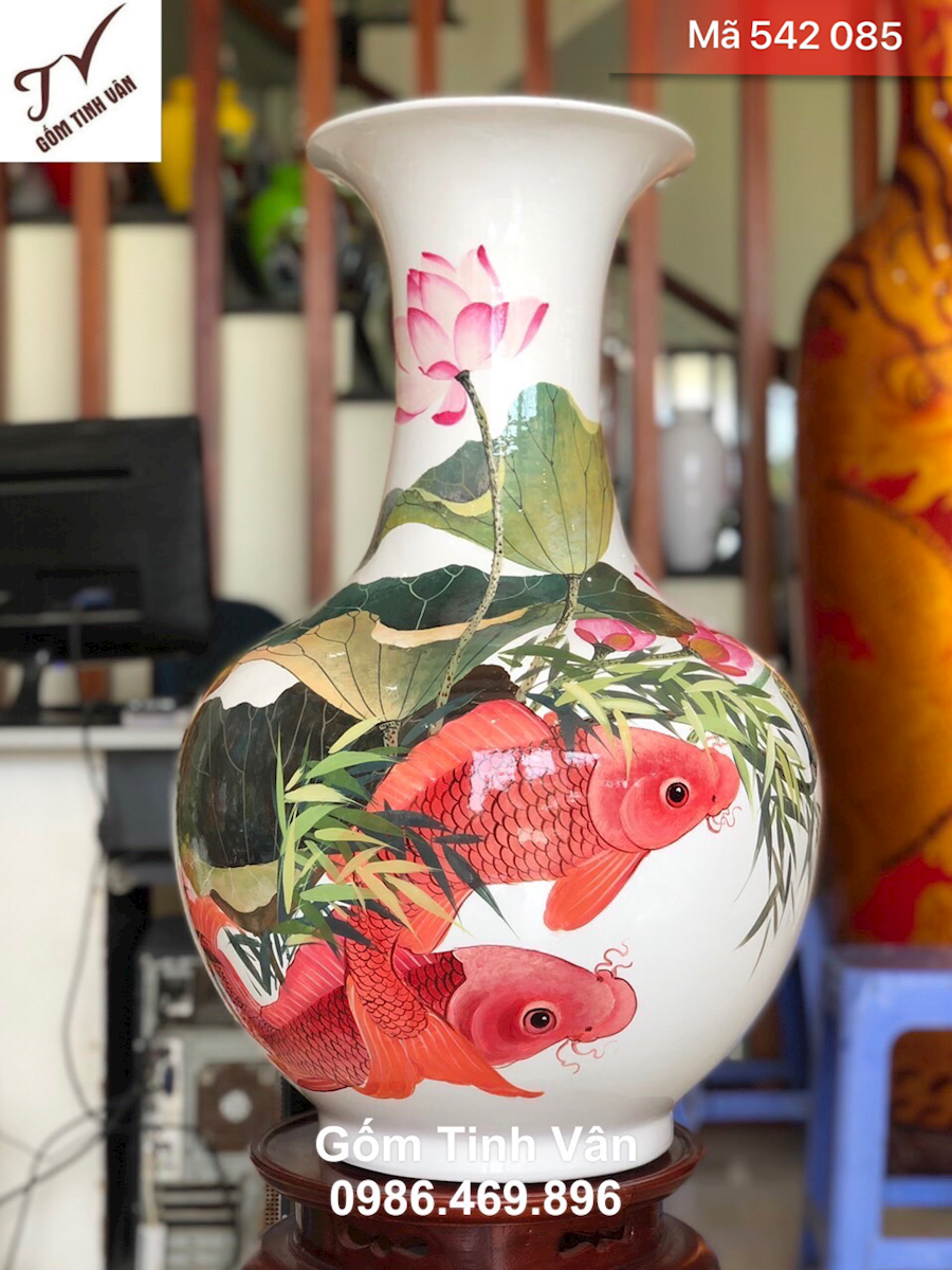 Lọ dáng tỏi cao 55 cm đk 30 cm,mã 542085, sơn mài cốt gốm, màu trắng, vẽ cá chép hoa sen, gốm sứ bát tràng tinh vân cao cấp