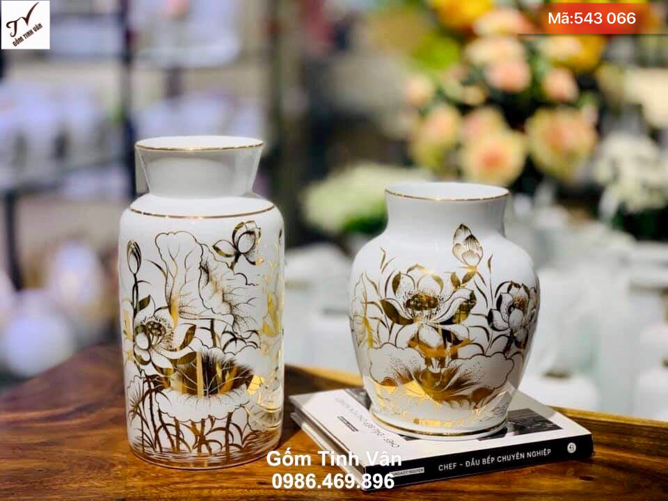Cặp bình hoa men trắng vẽ sen vàng 24k cao cấp, mã 543066, cao 25-28 cm, bình bông trưng bày phòng khách, trang trí nội thất sang trọng, lọ hoa gốm bát tràng vẽ vàng đẳng cấp