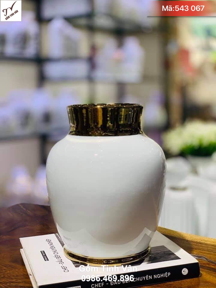 Bình hoa men trắng vẽ vàng 24k cao cấp, mã 543067, cao 25 cm, bình bông trưng bày phòng khách, trang trí nội thất sang trọng, lọ hoa gốm bát tràng vẽ vàng đẳng cấp