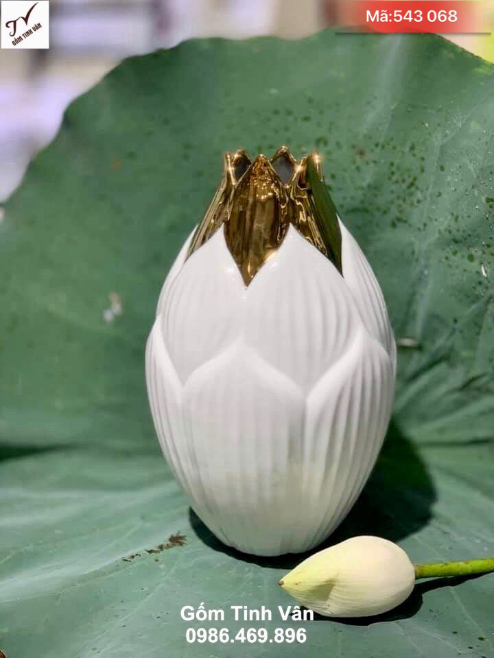 Bình hoa men trắng vẽ vàng 24k dáng búp sen cao cấp, mã 543068, cao 25 cm, bình bông trưng bày phòng khách, trang trí nội thất sang trọng, lọ hoa gốm bát tràng vẽ vàng đẳng cấp