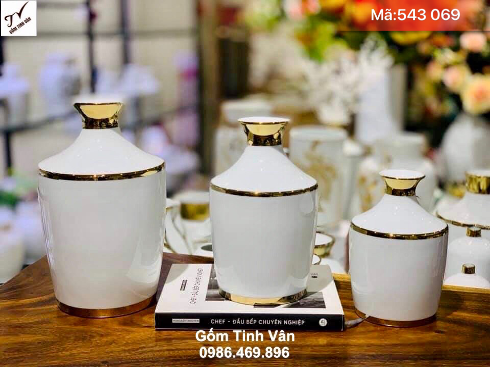 Bộ 3 bình hoa men trắng vẽ vàng 24k dáng cổ nhỏ cao cấp, mã 543069, cao 20-22-25 cm, bình bông trưng bày phòng khách, trang trí nội thất sang trọng, lọ hoa gốm bát tràng vẽ vàng đẳng cấp