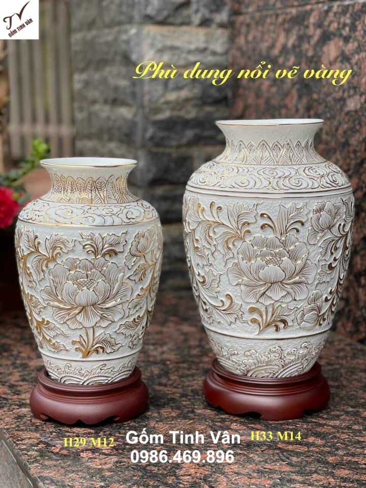 VIDEO Bình bông, lọ hoa men trắng hoa văn nổi 3D, vẽ vàng 24k cao cấp, mã 543071