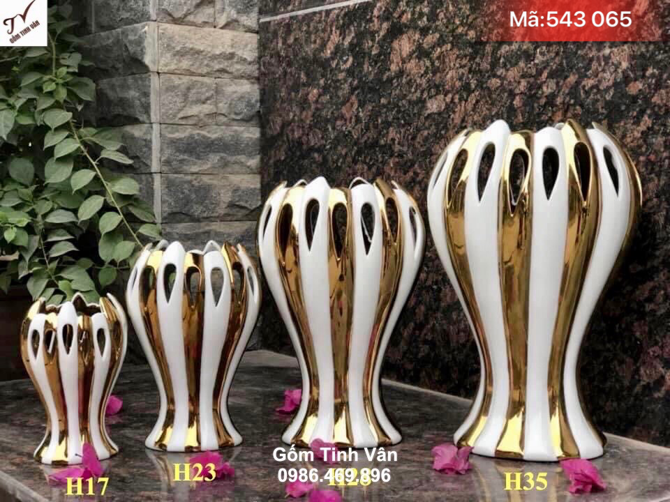 Bộ 4 bình bàn tay phật vẽ vàng 24k, mã 543065, cao 35-28-23-17 cm, bình cắm hoa trang trí nội thất cao cấp, lọ hoa bàn tay phật gốm bát tràng