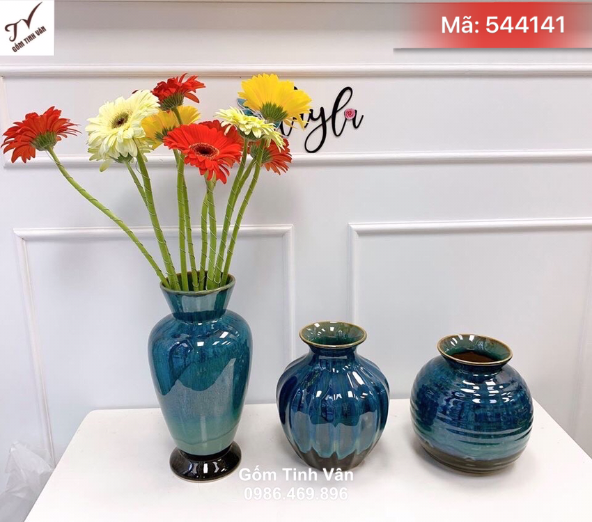 Bộ 3 bình bông nghệ thuật, mã 544141, men xanh hoả biến, cao 30-27-25 cm, trang trí nội thất, gốm tinh vân