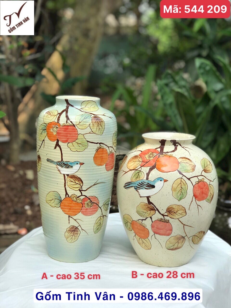 1 chiếc bình gốm trang trí, trưng bông, mã 544209, cao 20-25-30-33-35 cm cm, gốm sứ  men trắng tro xám, vẽ tay chim đậu trên cành hồng đỏ sai trĩu quả, gốm vuốt tay mộc mạc, gốm bát tràng tinh vân