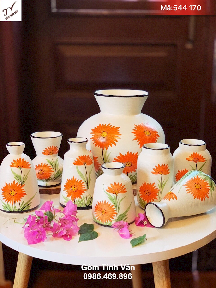 Bộ sưu tập lọ hoa mini dễ thương, mã 544170, hoa đồng tiền màu cam rực rỡ, cao 15-25 cm, set 8 bình bông trang trí nội thất