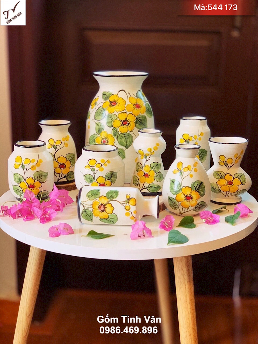 Set 9 bình bông mini hoa vàng, mã 544173, cao 15-30 cm, trưng bày phòng khách, lọ hoa trang trí nội thất, bình hoa mini gốm bát tràng
