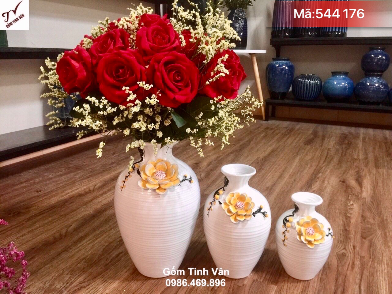 Set 3 bình gốm trắng hoa nổi, mã 544176, vân gốm vuốt tay mềm mại, cao 25-22-20 cm, bình bông trang trí gốm bát tràng