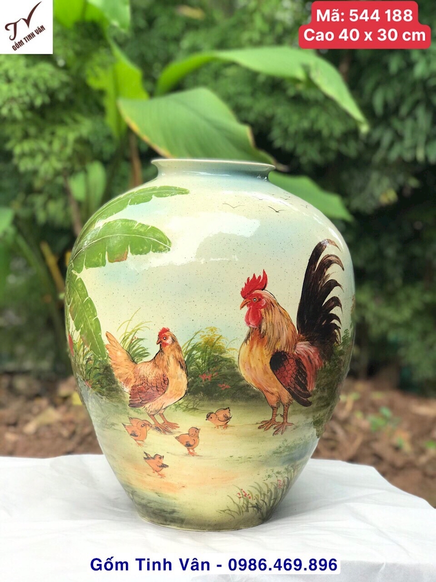 Bình gốm nghệ thuật, lọ cắm hoa, bình bông, mã 544188, dáng vò tròn cỡ lớn, cao 40 x 30 cm, vuốt tay thủ công, cảnh tiểu kê, đàn gà bên cây chuối ờ làng quê thanh bình, gốm bát tràng tinh vân