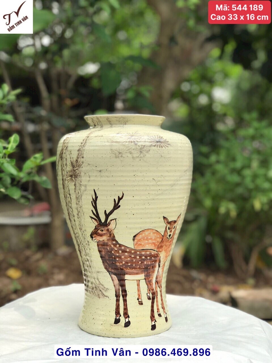 Bình gốm nghệ thuật, lọ cắm hoa, bình bông, mã 544189, cao 33 x 16 cm, vuốt tay thủ công, cảnh tùng hươu (tùng lộc), men tro xám cổ điển, mộc mạc, gốm bát tràng tinh vân