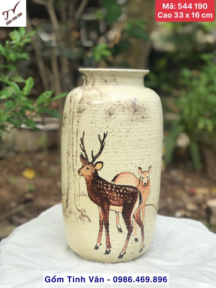 Bình gốm nghệ thuật, lọ cắm hoa, bình bông, mã 544190, dáng ống thon cao 33 x 16 cm, vuốt tay thủ công, cảnh tùng hươu (tùng lộc), men tro xám cổ điển, mộc mạc, gốm bát tràng tinh vân
