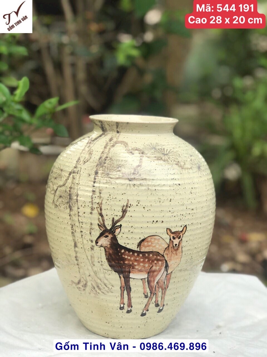 Bình gốm nghệ thuật, lọ cắm hoa, bình bông, mã 544191, dáng ống thon cao 28 x 20 cm, vuốt tay thủ công, cảnh tùng hươu (tùng lộc), men tro xám cổ điển, mộc mạc, gốm bát tràng tinh vân