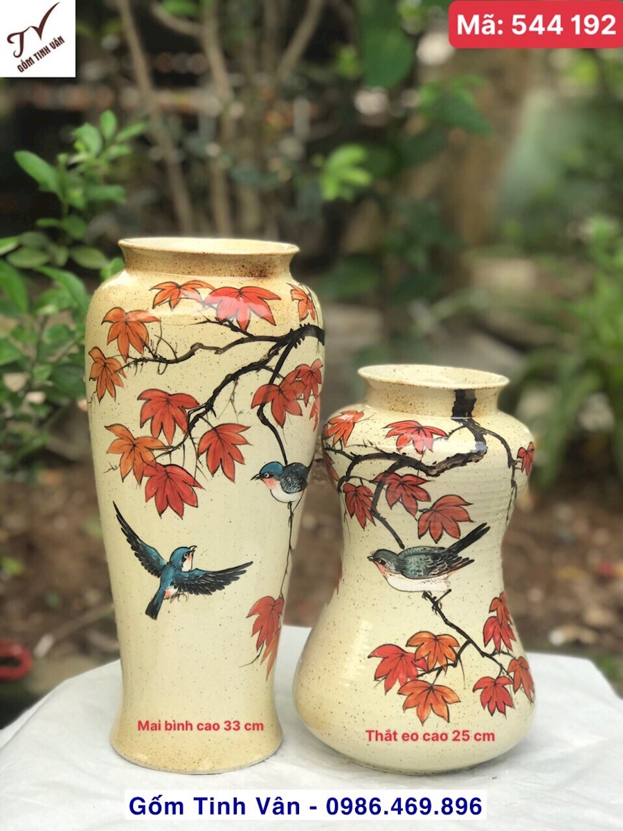 1 chiếc bình gốm nghệ thuật, lọ cắm hoa, bình bông, mã 544192, mai bình cao 33x17 cm, thắt eo cao 25x12 cm men tro xám cổ điển, gốm vuốt tay mộc mạc, vẽ ảnh đôi chim bên cây lá phong đỏ mùa thu, gốm bát tràng tinh vân