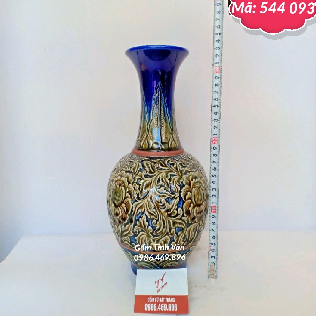 Bình bông nghệ thuật dáng tỏi, mã 544093, men xanh rêu cổ, chạm khắc nổi, hoa phù dung, gốm bát tràng, tinh vân, cao 33 cm