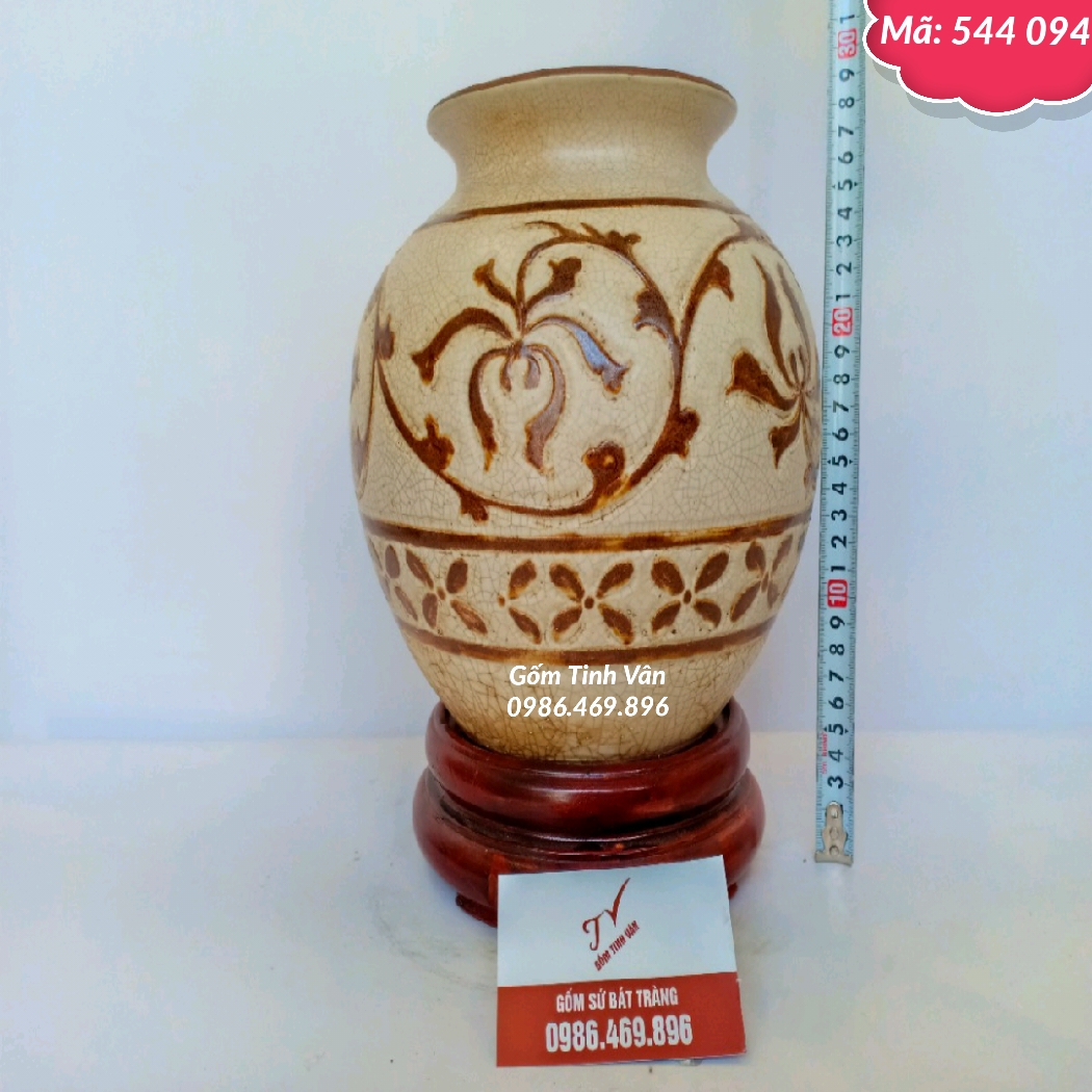 Bình bông nghệ thuật dáng tròn, mã 544094, men rạn cổ, chạm khắc nổi, hoa văn thời lý trần, gốm bát tràng, tinh vân, cao 29 cm