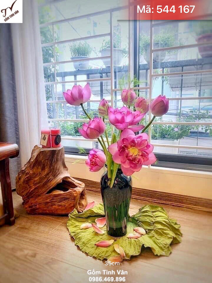 Bình bông nghệ thuật men xanh hoả biến, mã 544167, cao 35 cm, bình cắm hoa sen đẹp, sang trọng, trưng phòng khách, gốm bát tràng tinh vân